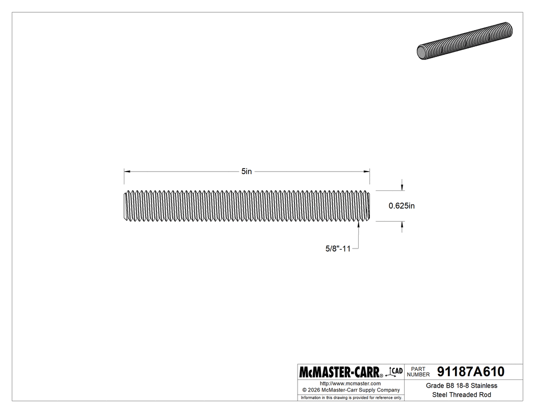 Technical Drawing of Grade B8 18-8 Stainless Steel Threaded Rod, 5/8"-11 Thread Size, 5" Long.